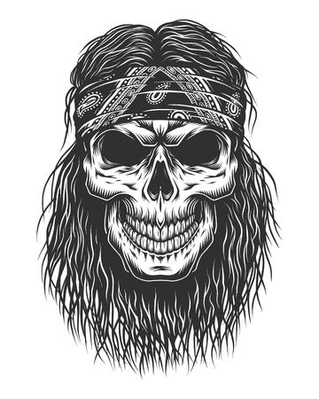 Skull with hair and bandana. Detailed vector illustrationのイラスト素材