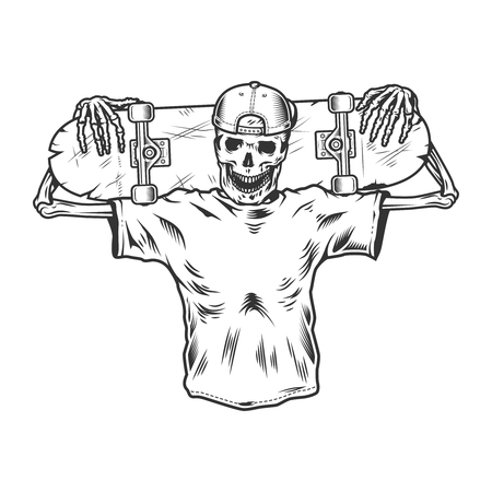 Vintage monochrome skeleton skateboarderのイラスト素材