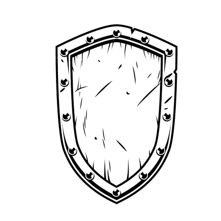 Fantasy warrior wooden shield isolated on white in monochrome. Vector vintage illustration.のイラスト素材