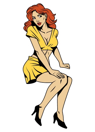 Vintage attractive pin up girl with red hair wearing yellow blouse skirt and black shoes isolated vector illustrationのイラスト素材