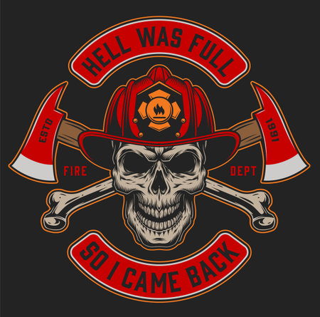 Vintage firefighter colorful label template with fireman skull in helmet and crossed axes isolated vector illustrationのイラスト素材