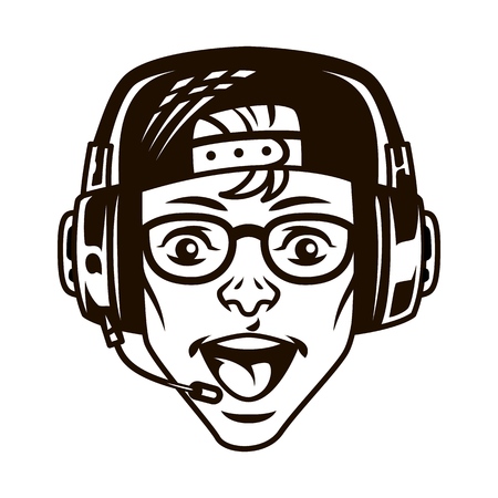 Vintage happy young gamer in headset in monochrome style isolated vector illustrationのイラスト素材