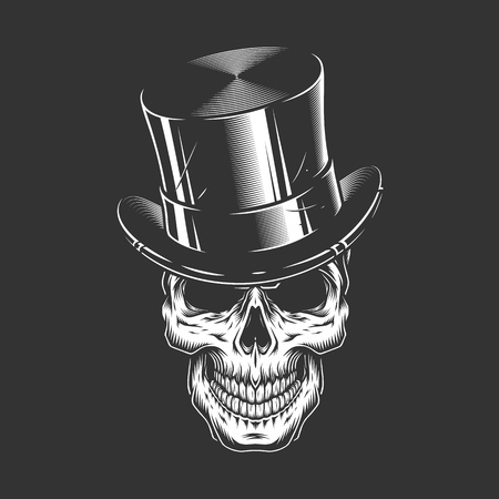 Gentleman skull wearing cylinder hat in vintage monochrome style isolated vector illustrationのイラスト素材