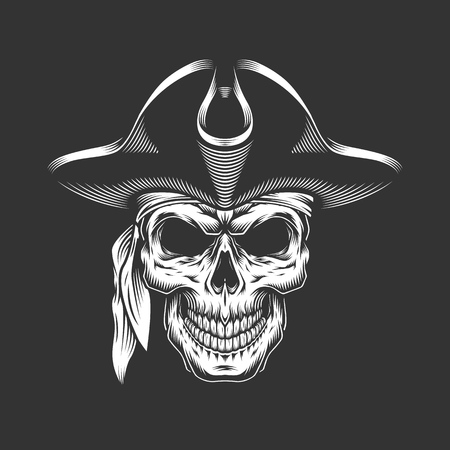 Monochrome pirate skull concept in vintage style isolated vector illustrationのイラスト素材