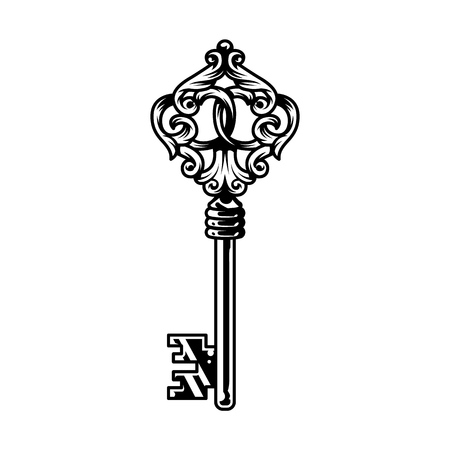 Vintage monochrome antique metal key template isolated vector illustrationのイラスト素材