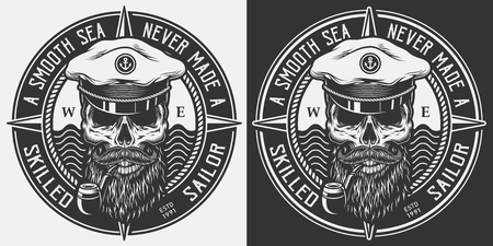 Vintage monochrome marine with bearded and mustached sea captain skull in hat smoking pipe isolated vector illustrationのイラスト素材