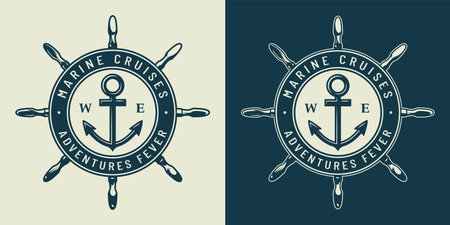 Vintage monochrome nautical with ship wheel and anchor isolated vector illustrationのイラスト素材