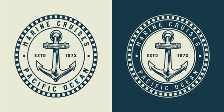 Vintage monochrome nautical round concept with metal anchor and inscriptions isolated vector illustrationのイラスト素材