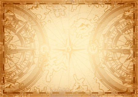 Old nautical map light template with navigational compass and wind rose in vintage monochrome style vector illustrationのイラスト素材