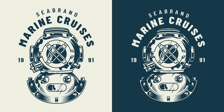 Vintage diving label concept with diver helmet in monochrome style isolated vector illustrationのイラスト素材