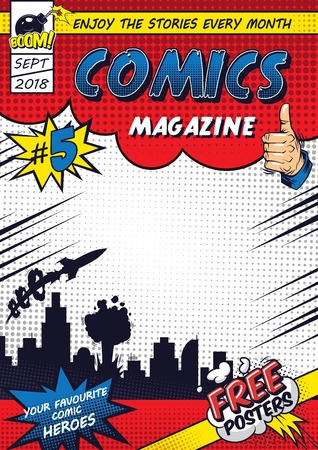 Comic colorful poster with flying rocket city silhouette explosion effects rays wordings thumb up gesture vector illustrationのイラスト素材