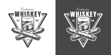 Vintage whiskey club emblem with crossed tattered cigars and glass of strong drink in monochrome style isolated vector illustrationのイラスト素材