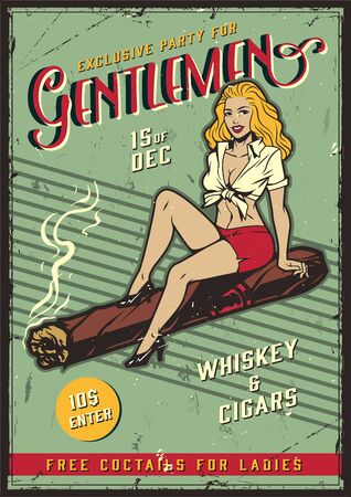 Vintage colorful gentlemen party template with beautiful blonde lady sitting on cuban cigar vector illustrationのイラスト素材
