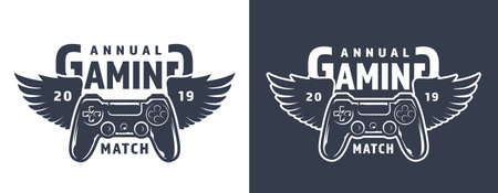 Winged gamepad or joystick emblem in vintage monochrome style isolated vector illustration