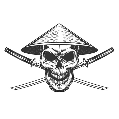 Vintage skull in chinese conical straw with crossed sabers isolated vector illustrationのイラスト素材