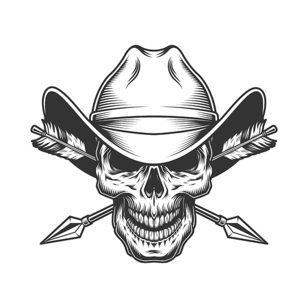 Vintage skull in cowboy hat with crossed arrows in monochrome style isolated vector illustrationのイラスト素材