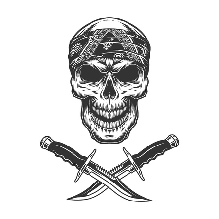 Vintage monochrome skull in bandana and crossed knives isolated vector illustrationのイラスト素材