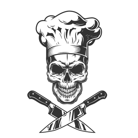 Vintage monochrome chef skull with crossed knives isolated vector illustrationのイラスト素材