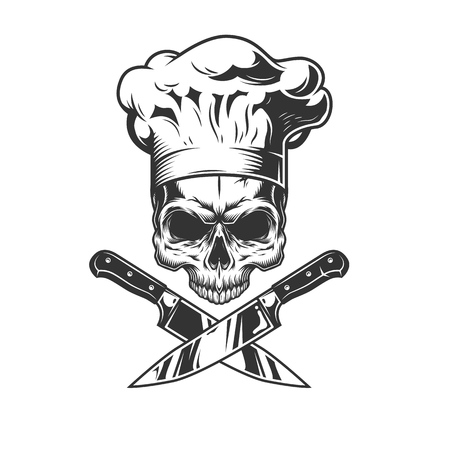 Skull without jaw in chef hat with crossed knives in vintage style isolated vector illustrationのイラスト素材
