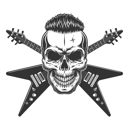Rockstar skull with trendy hairstyle and crossed electric guitars in vintage monochrome style isolated vector illustrationのイラスト素材