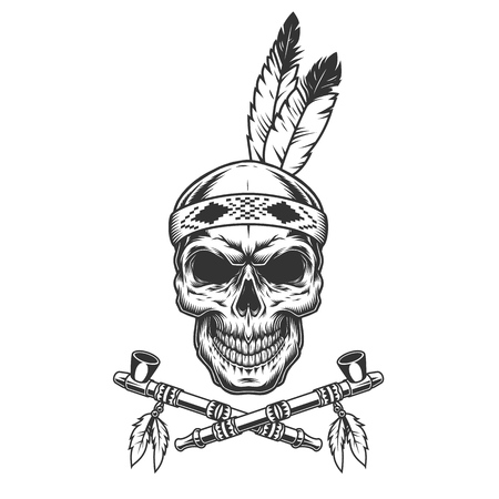Vintage indian warrior skull with feathers and crossed smoking pipes isolated vector illustrationのイラスト素材