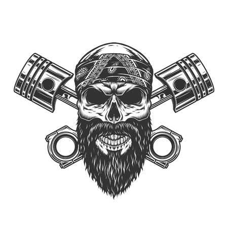 Vintage severe biker skull in bandana with crossed engine pistons isolated vector illustrationのイラスト素材