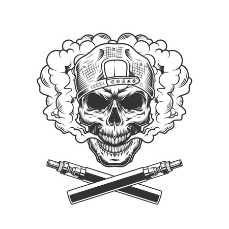 VIntage hipster skull wearing cap in smoke cloud with crossed vaporizers isolated vector illustrationのイラスト素材