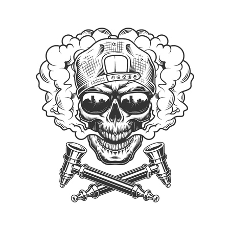 Vintage hipster skull in smoke cloud wearing cap and sunglasses with crossed smoking pipes isolated vector illustrationのイラスト素材