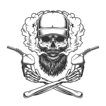 Bearded and mustached trucker skull in smoke cloud and crossed skeleton hands holding pump nozzles in vintage monochrome style isolated vector illustrationのイラスト素材