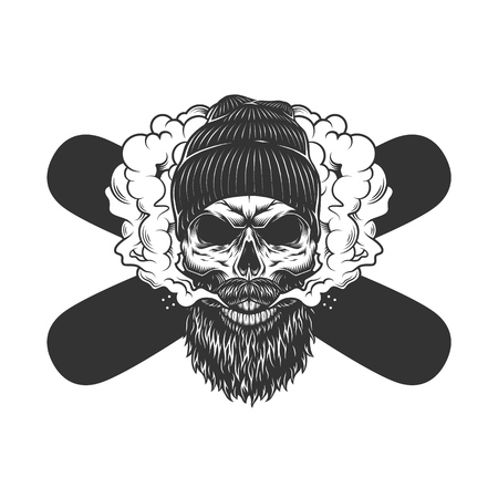 Vintage monochrome bearded and mustached skull wearing beanie hat in smoke cloud with crossed snowboards isolated vector illustrationのイラスト素材