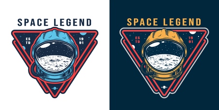 Vintage galaxy colorful label with moon surface and space stars in cosmonaut helmet isolated vector illustrationのイラスト素材