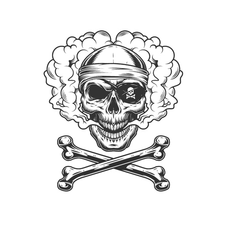 Vintage monochrome pirate skull in eye patch and bandana with crossbones isolated vector illustrationのイラスト素材