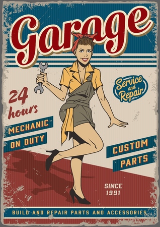 Retro garage repair service vintage poster with pin up pretty girl in mechanic uniform holding wrench vector illustrationのイラスト素材