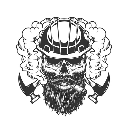 Vintage monochrome builder skull in smoke with beard mustache and crossed axes isolated vector illustrationのイラスト素材