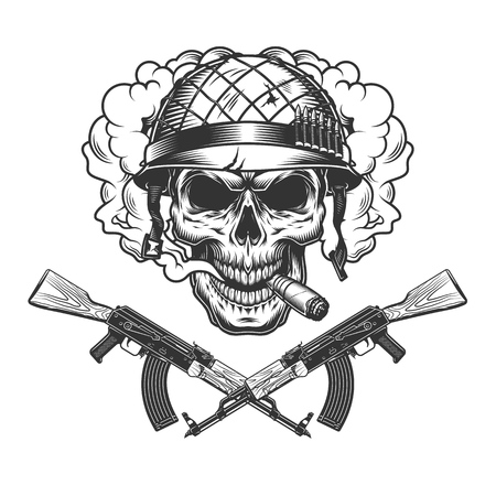 Skull in soldier helmet smoking cigar in smoke cloud with crossed machine guns in vintage monochrome style isolated vector illustrationのイラスト素材