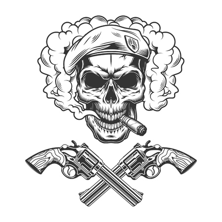 Vintage monochrome soldier skull wearing beret in smoke cloud with crossed pistols isolated vector illustrationのイラスト素材