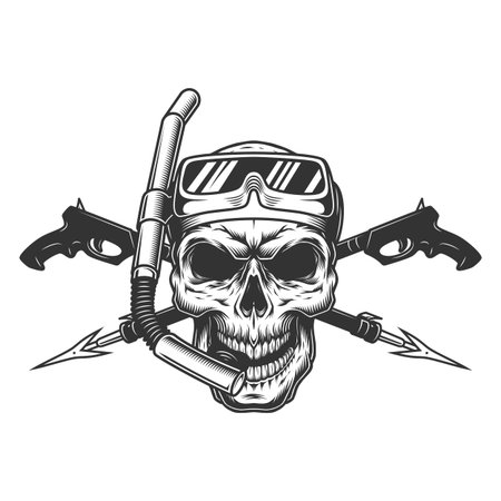 Vintage diver skull in scuba mask with crossed underwater guns isolated vector illustrationのイラスト素材