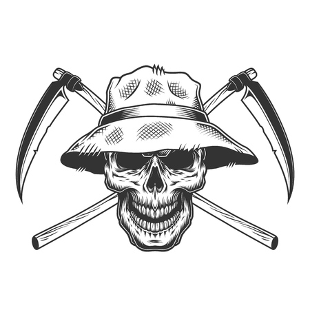 Vintage skull in panama hat with crossed scythes isolated vector illustrationのイラスト素材