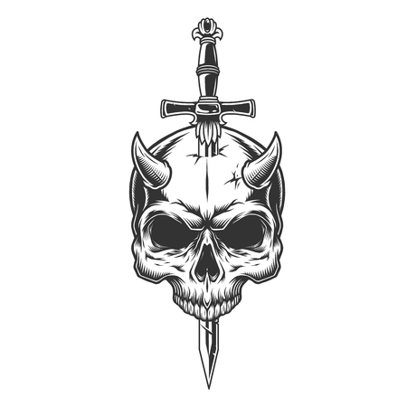Demon skull pierced with knife in vintage monochrome style isolated vector illustrationのイラスト素材