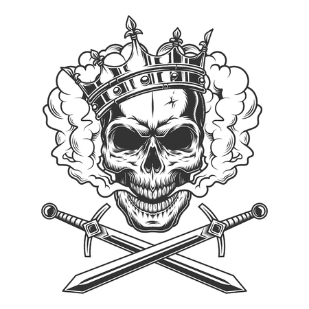Vintage prince skull in smoke cloud with crossed swords isolated vector illustrationのイラスト素材