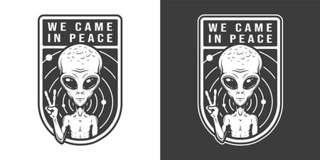 Extraterrestrial showing peace sign emblem in vintage monochrome style isolated vector illustration