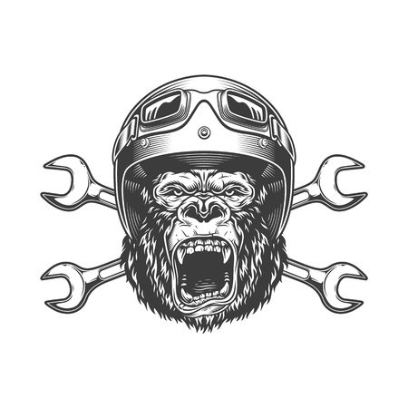 Ferocious gorilla head in moto helmet and goggles with crossed spanners in vintage monochrome style isolated vector illustrationのイラスト素材