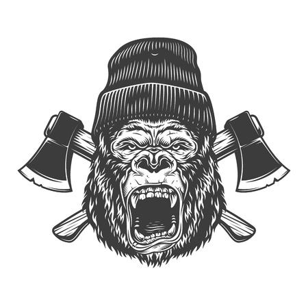 Angry gorilla head in lumberjack hat with crossed axes in vintage monochrome style isolated vector illustrationのイラスト素材