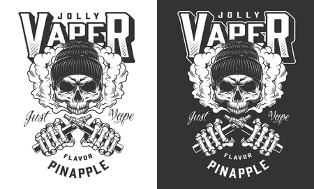 Vaper skull in beanie hat print with skeleton hands holding crossed vaporizers in vintage monochrome style isolated vector illustrationのイラスト素材