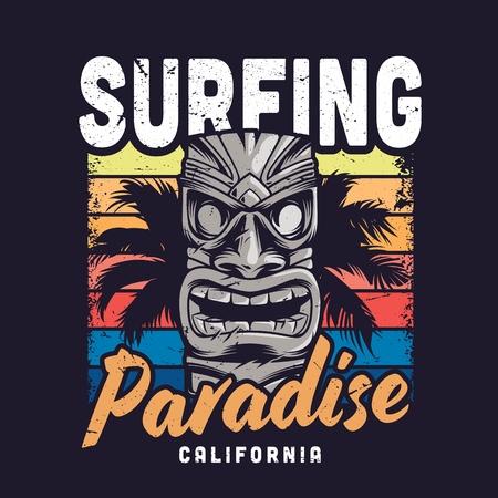 Vintage colorful surfing paradise template with hawaiian traditional tribal tiki mask and palm tree isolated vector illustrationのイラスト素材