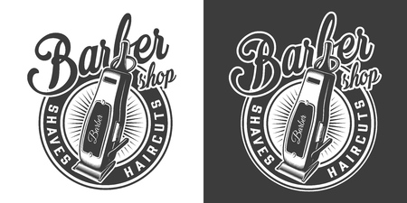 Barbershop round emblem with electric hair clipper in vintage monochrome style isolated vector illustrationのイラスト素材