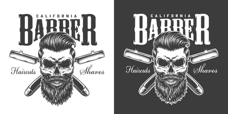 Vintage barbershop monochrome print with bearded and mustached skull and crossed straight razors isolated vector illustrationのイラスト素材