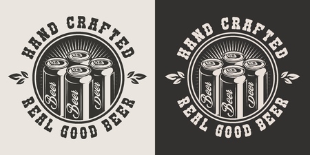 Vintage brewery emblem with cans of craft beer in monochrome style isolated vector illustrationのイラスト素材