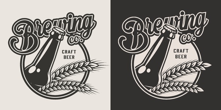 Vintage craft beer emblem with glass bottle and barley ears in monochrome style isolated vector illustrationのイラスト素材