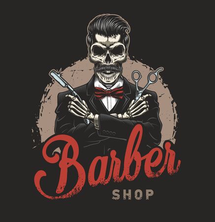 Vintage barbershop with gentleman skeleton in tuxedo holding razor and scissors isolated vector illustrationのイラスト素材